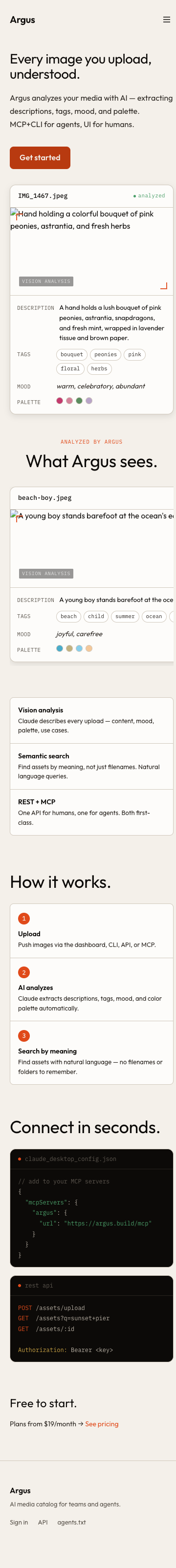 Argus Oracle landing page at 375px — the Oracle Design System's mobile layout, showing how the eye motif and typographic scale translate to small viewports
